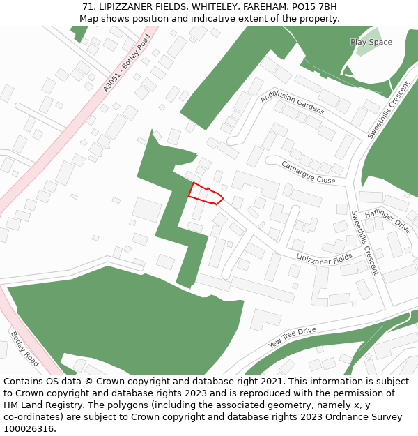 71, LIPIZZANER FIELDS, WHITELEY, FAREHAM, PO15 7BH: Location map and indicative extent of plot