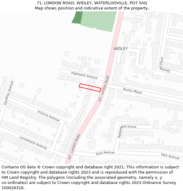 71, LONDON ROAD, WIDLEY, WATERLOOVILLE, PO7 5AQ: Location map and indicative extent of plot
