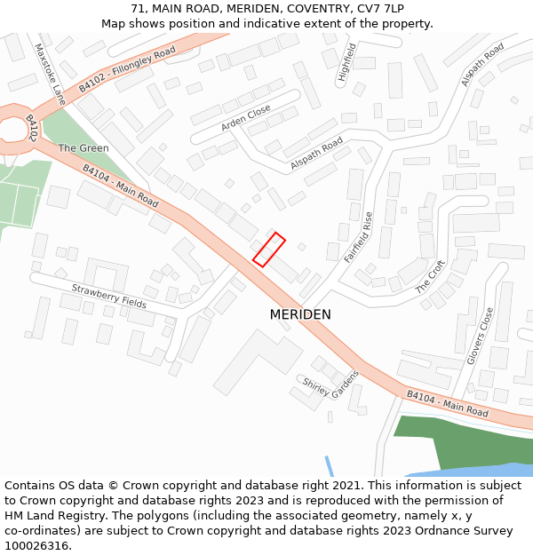 71, MAIN ROAD, MERIDEN, COVENTRY, CV7 7LP: Location map and indicative extent of plot