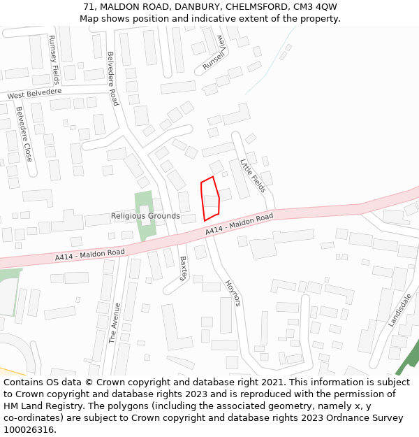 71, MALDON ROAD, DANBURY, CHELMSFORD, CM3 4QW: Location map and indicative extent of plot