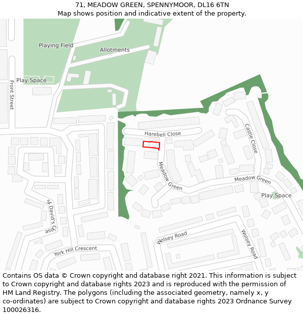 71, MEADOW GREEN, SPENNYMOOR, DL16 6TN: Location map and indicative extent of plot