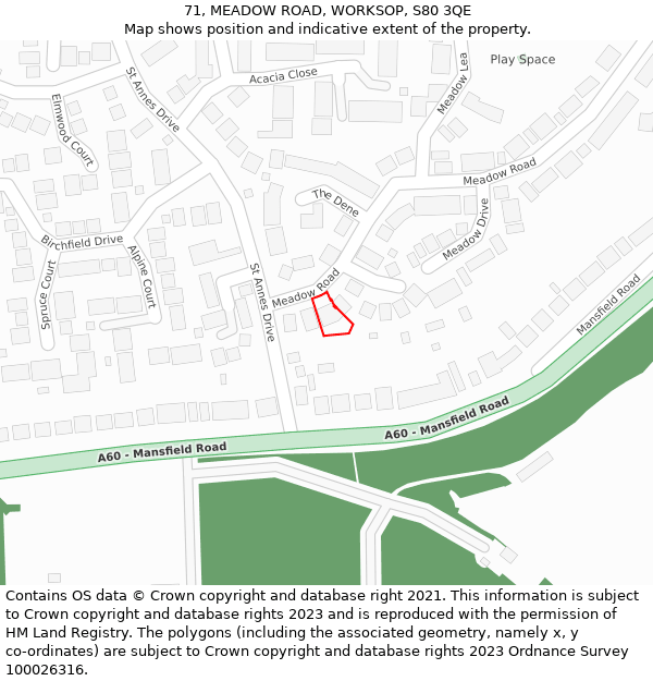 71, MEADOW ROAD, WORKSOP, S80 3QE: Location map and indicative extent of plot