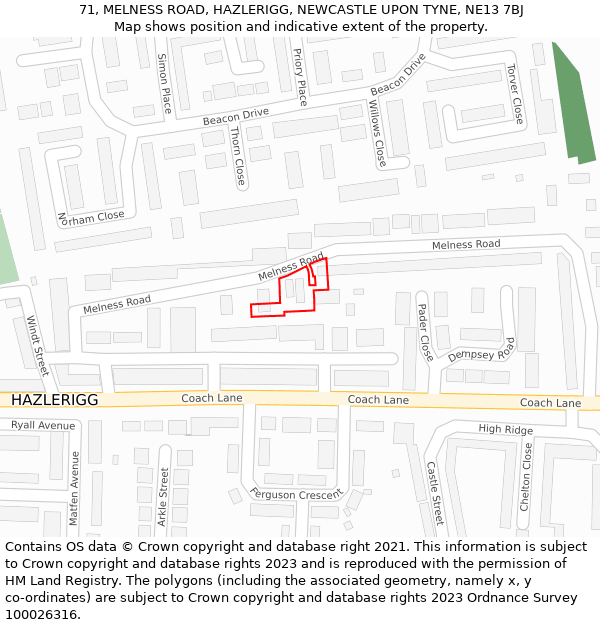 71, MELNESS ROAD, HAZLERIGG, NEWCASTLE UPON TYNE, NE13 7BJ: Location map and indicative extent of plot