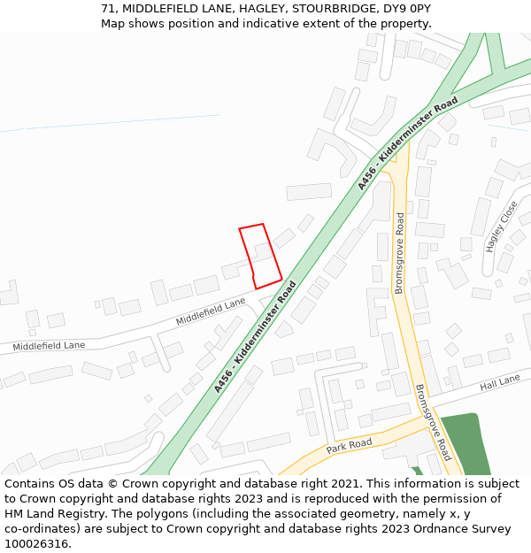 71, MIDDLEFIELD LANE, HAGLEY, STOURBRIDGE, DY9 0PY: Location map and indicative extent of plot