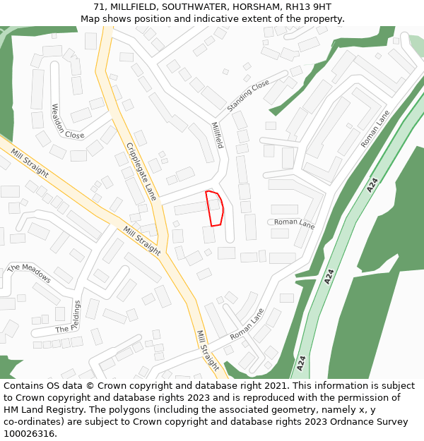 71, MILLFIELD, SOUTHWATER, HORSHAM, RH13 9HT: Location map and indicative extent of plot