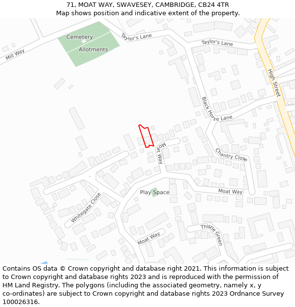 71, MOAT WAY, SWAVESEY, CAMBRIDGE, CB24 4TR: Location map and indicative extent of plot