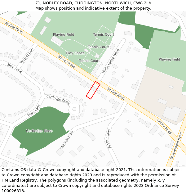 71, NORLEY ROAD, CUDDINGTON, NORTHWICH, CW8 2LA: Location map and indicative extent of plot