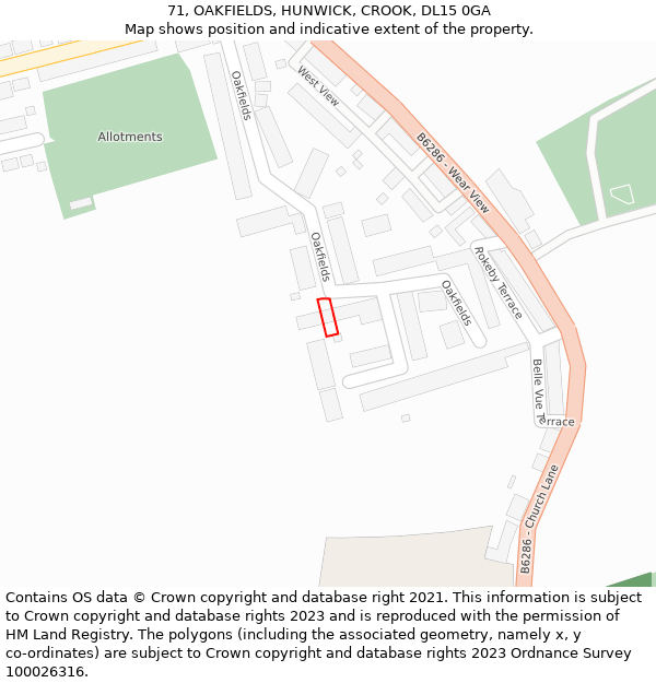 71, OAKFIELDS, HUNWICK, CROOK, DL15 0GA: Location map and indicative extent of plot