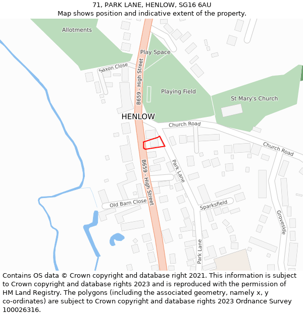 71, PARK LANE, HENLOW, SG16 6AU: Location map and indicative extent of plot
