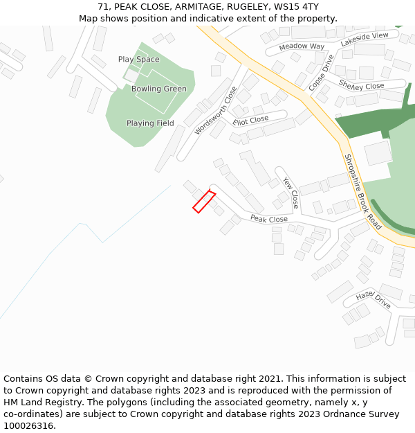 71, PEAK CLOSE, ARMITAGE, RUGELEY, WS15 4TY: Location map and indicative extent of plot