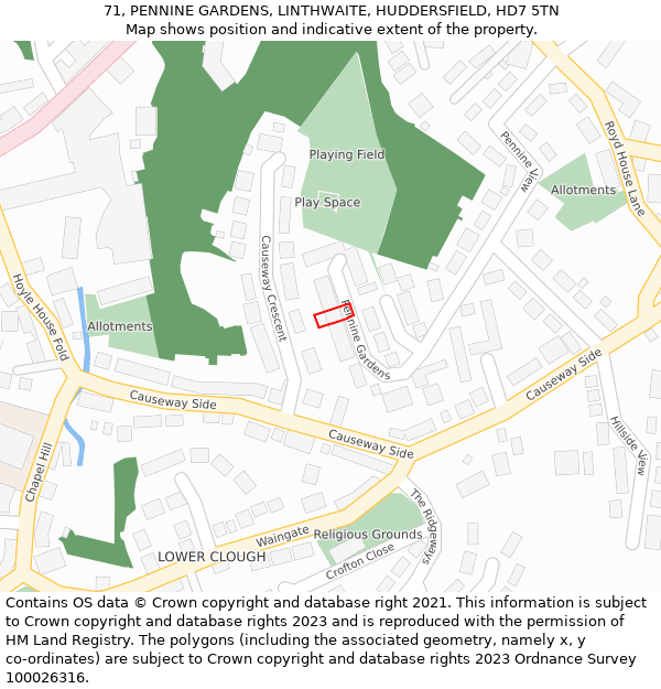 71, PENNINE GARDENS, LINTHWAITE, HUDDERSFIELD, HD7 5TN: Location map and indicative extent of plot