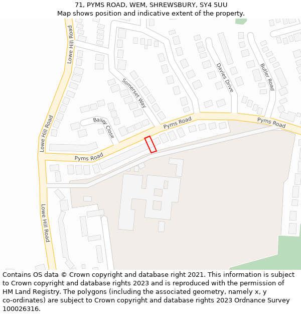 71, PYMS ROAD, WEM, SHREWSBURY, SY4 5UU: Location map and indicative extent of plot