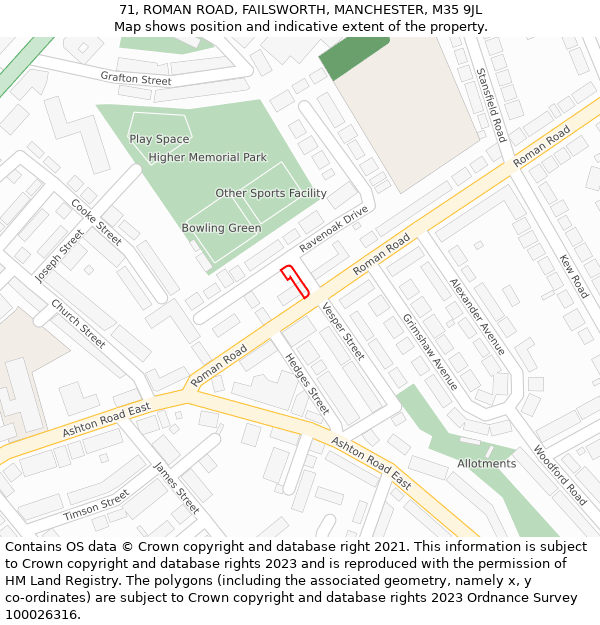 71, ROMAN ROAD, FAILSWORTH, MANCHESTER, M35 9JL: Location map and indicative extent of plot