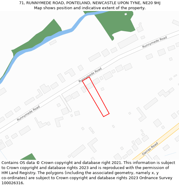 71, RUNNYMEDE ROAD, PONTELAND, NEWCASTLE UPON TYNE, NE20 9HJ: Location map and indicative extent of plot