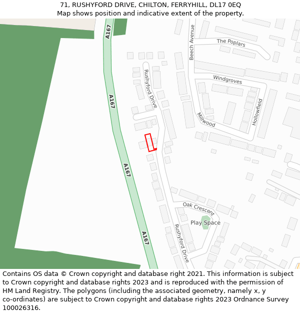 71, RUSHYFORD DRIVE, CHILTON, FERRYHILL, DL17 0EQ: Location map and indicative extent of plot