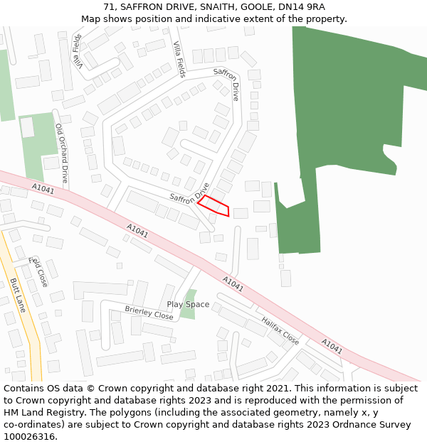 71, SAFFRON DRIVE, SNAITH, GOOLE, DN14 9RA: Location map and indicative extent of plot