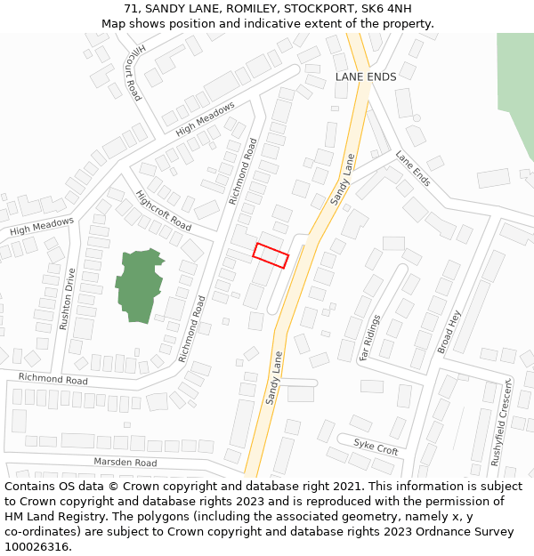 71, SANDY LANE, ROMILEY, STOCKPORT, SK6 4NH: Location map and indicative extent of plot