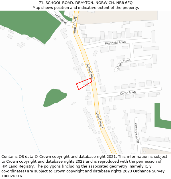71, SCHOOL ROAD, DRAYTON, NORWICH, NR8 6EQ: Location map and indicative extent of plot