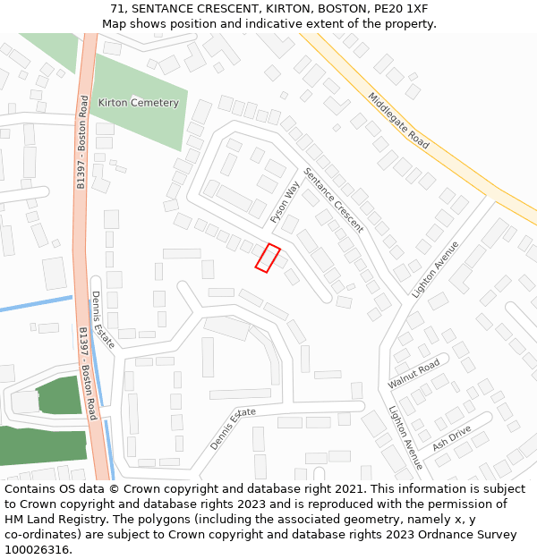 71, SENTANCE CRESCENT, KIRTON, BOSTON, PE20 1XF: Location map and indicative extent of plot