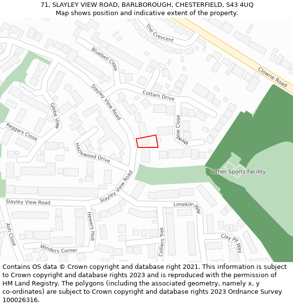 71, SLAYLEY VIEW ROAD, BARLBOROUGH, CHESTERFIELD, S43 4UQ: Location map and indicative extent of plot