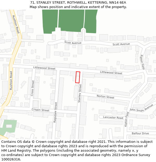 71, STANLEY STREET, ROTHWELL, KETTERING, NN14 6EA: Location map and indicative extent of plot