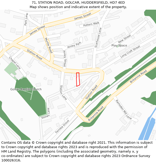 71, STATION ROAD, GOLCAR, HUDDERSFIELD, HD7 4ED: Location map and indicative extent of plot