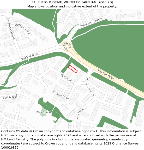 71, SUFFOLK DRIVE, WHITELEY, FAREHAM, PO15 7DJ: Location map and indicative extent of plot