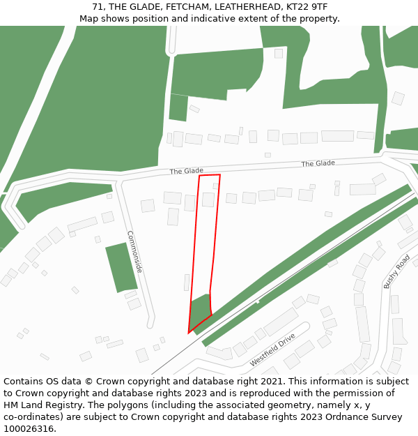 71, THE GLADE, FETCHAM, LEATHERHEAD, KT22 9TF: Location map and indicative extent of plot