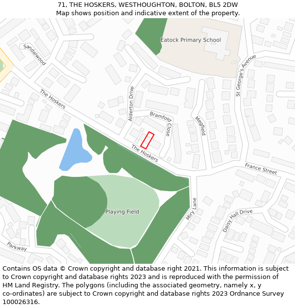 71, THE HOSKERS, WESTHOUGHTON, BOLTON, BL5 2DW: Location map and indicative extent of plot