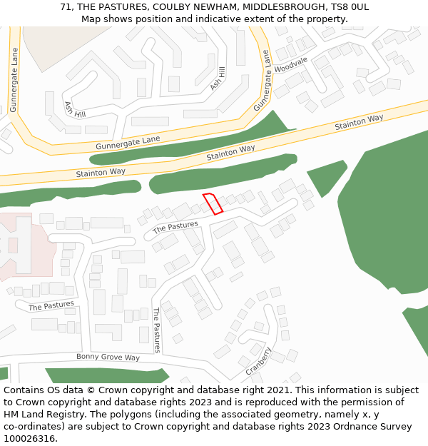 71, THE PASTURES, COULBY NEWHAM, MIDDLESBROUGH, TS8 0UL: Location map and indicative extent of plot