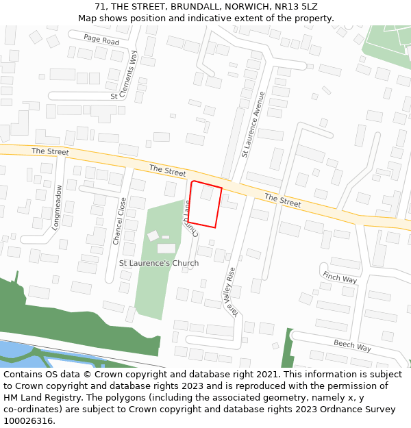 71, THE STREET, BRUNDALL, NORWICH, NR13 5LZ: Location map and indicative extent of plot