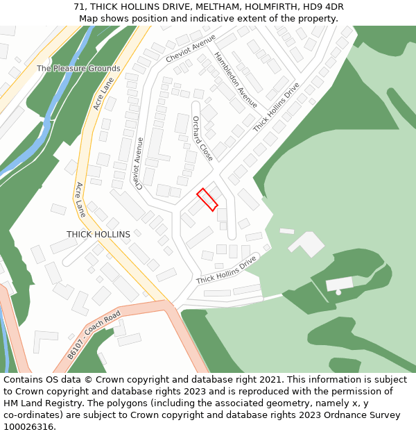 71, THICK HOLLINS DRIVE, MELTHAM, HOLMFIRTH, HD9 4DR: Location map and indicative extent of plot