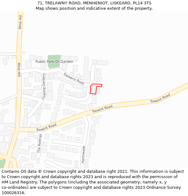 71, TRELAWNY ROAD, MENHENIOT, LISKEARD, PL14 3TS: Location map and indicative extent of plot