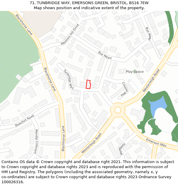 71, TUNBRIDGE WAY, EMERSONS GREEN, BRISTOL, BS16 7EW: Location map and indicative extent of plot