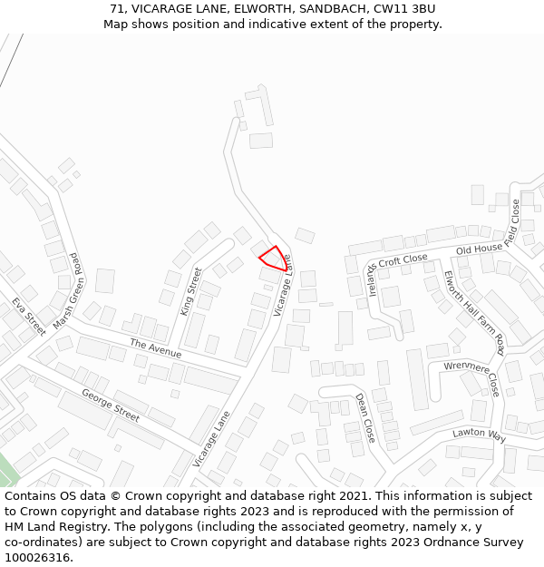 71, VICARAGE LANE, ELWORTH, SANDBACH, CW11 3BU: Location map and indicative extent of plot