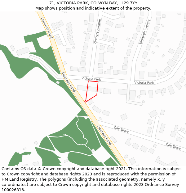 71, VICTORIA PARK, COLWYN BAY, LL29 7YY: Location map and indicative extent of plot