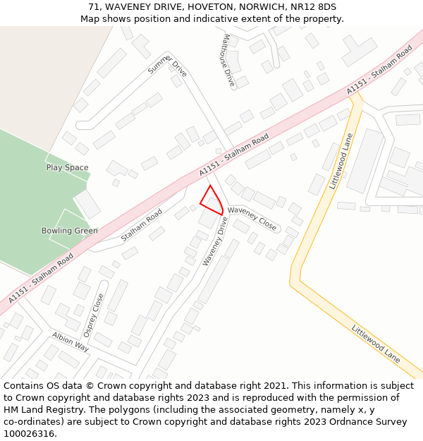 71, WAVENEY DRIVE, HOVETON, NORWICH, NR12 8DS: Location map and indicative extent of plot