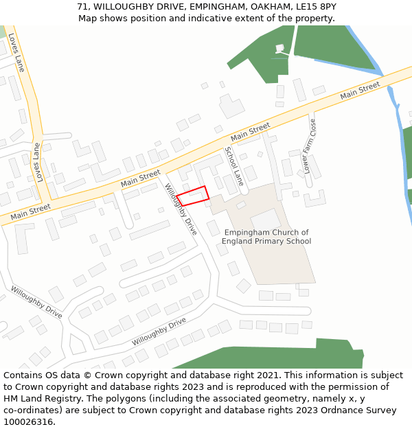 71, WILLOUGHBY DRIVE, EMPINGHAM, OAKHAM, LE15 8PY: Location map and indicative extent of plot