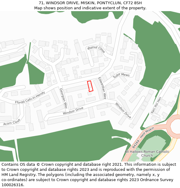 71, WINDSOR DRIVE, MISKIN, PONTYCLUN, CF72 8SH: Location map and indicative extent of plot