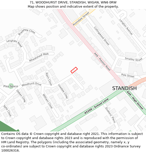 71, WOODHURST DRIVE, STANDISH, WIGAN, WN6 0RW: Location map and indicative extent of plot