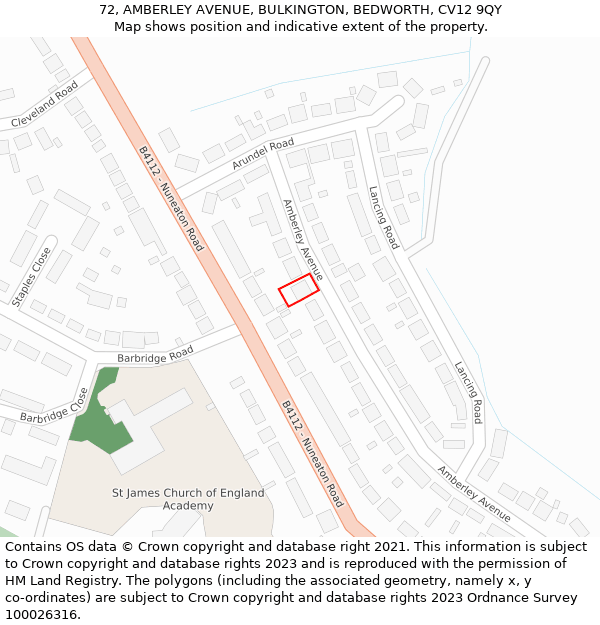 72, AMBERLEY AVENUE, BULKINGTON, BEDWORTH, CV12 9QY: Location map and indicative extent of plot