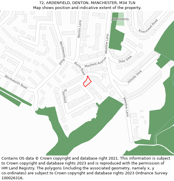 72, ARDENFIELD, DENTON, MANCHESTER, M34 7LN: Location map and indicative extent of plot