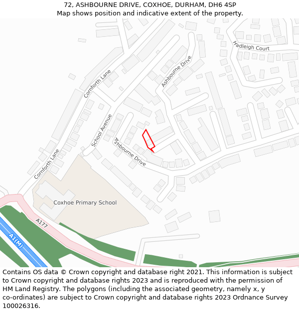 72, ASHBOURNE DRIVE, COXHOE, DURHAM, DH6 4SP: Location map and indicative extent of plot