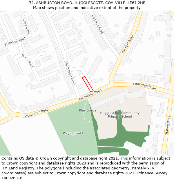 72, ASHBURTON ROAD, HUGGLESCOTE, COALVILLE, LE67 2HB: Location map and indicative extent of plot