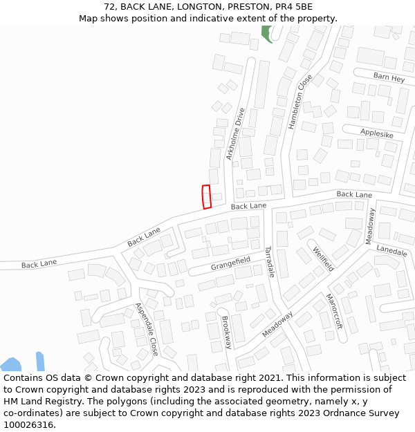 72, BACK LANE, LONGTON, PRESTON, PR4 5BE: Location map and indicative extent of plot
