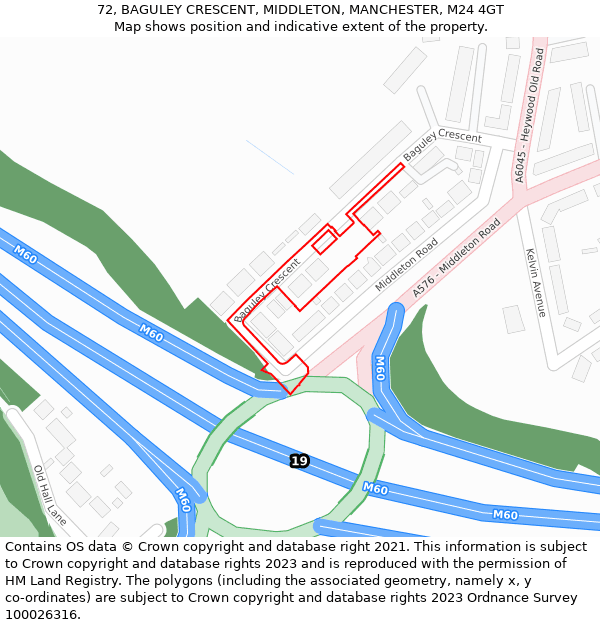 72, BAGULEY CRESCENT, MIDDLETON, MANCHESTER, M24 4GT: Location map and indicative extent of plot