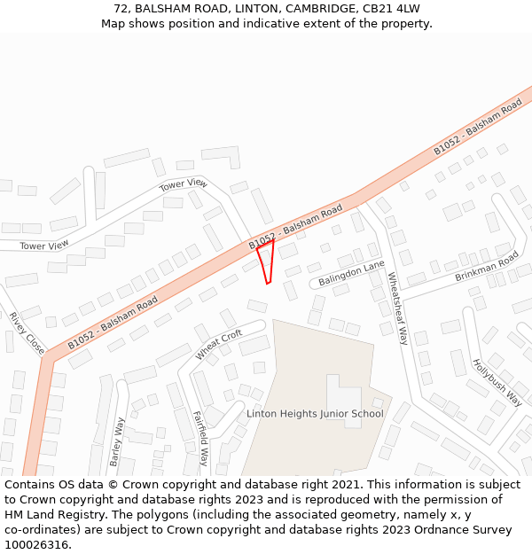 72, BALSHAM ROAD, LINTON, CAMBRIDGE, CB21 4LW: Location map and indicative extent of plot