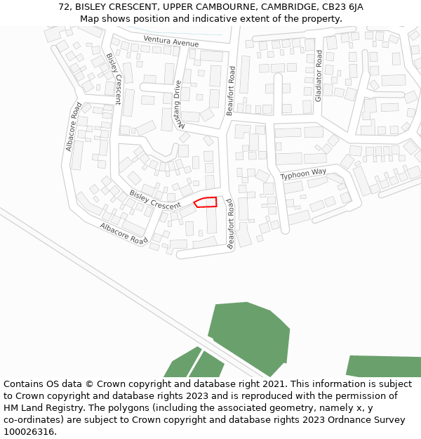 72, BISLEY CRESCENT, UPPER CAMBOURNE, CAMBRIDGE, CB23 6JA: Location map and indicative extent of plot