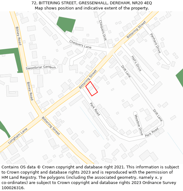 72, BITTERING STREET, GRESSENHALL, DEREHAM, NR20 4EQ: Location map and indicative extent of plot