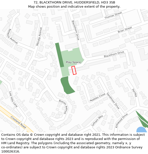 72, BLACKTHORN DRIVE, HUDDERSFIELD, HD3 3SB: Location map and indicative extent of plot
